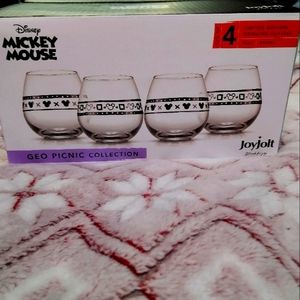 Disney Geo Picnic Mickey Mouse Stemless Wine Glasses Limited Edition 4 PC Set